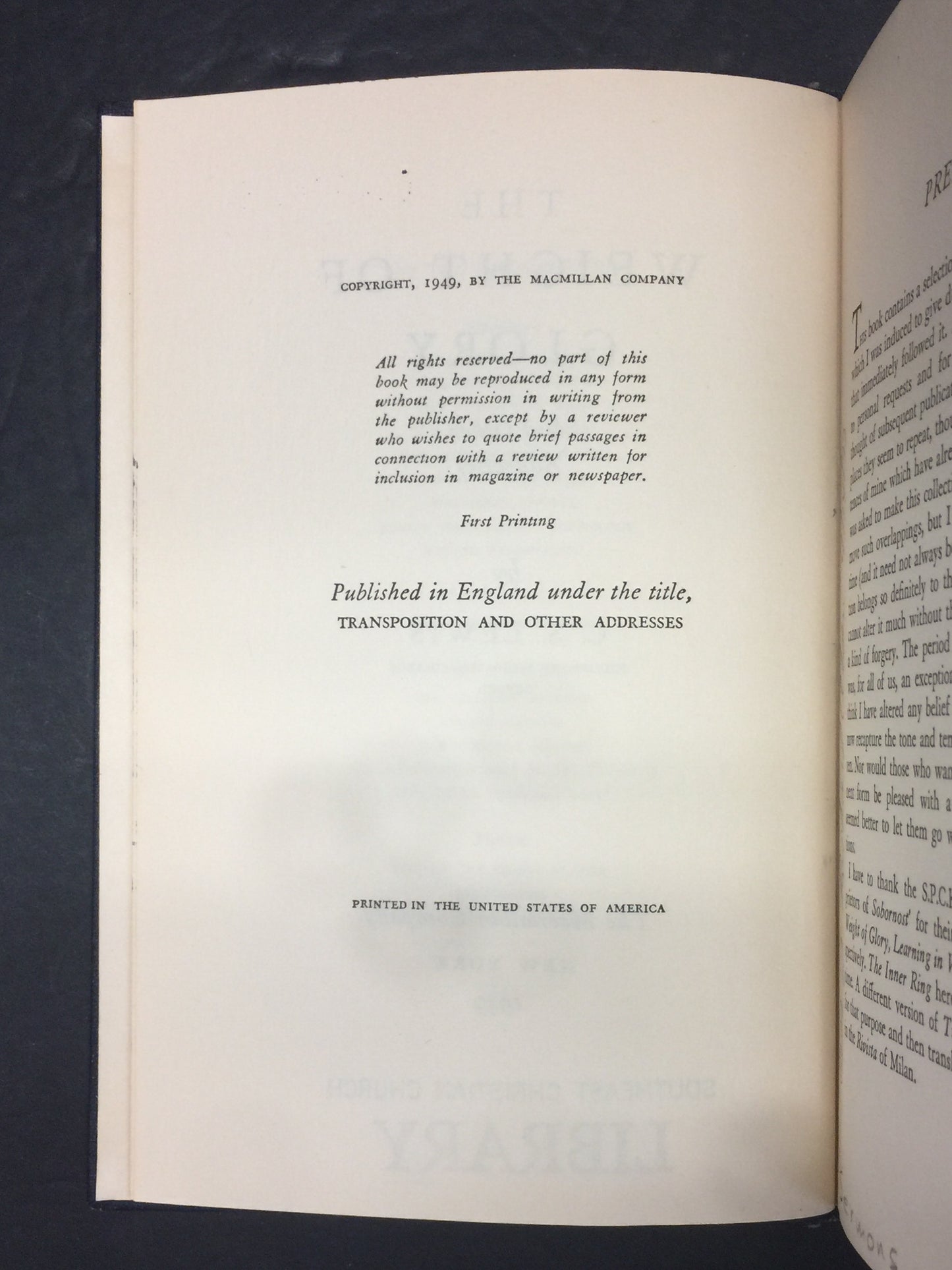 The Weight of Glory and Other Addresses - C.S. Lewis - 1st American Edition - Ex Library - 1949