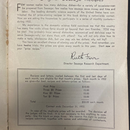 67 Prize Winning Ways to Serve Sausage - Ruth Farr - Visking Casing - 1932