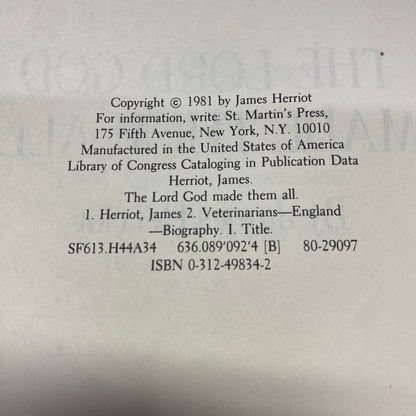 The Lord God Made Them All - James Herriot - 1st Edition - 1981