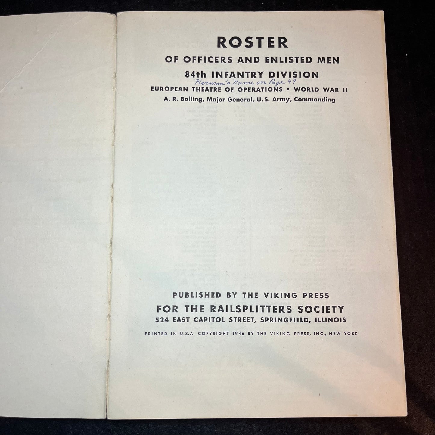 Roster of Officers and Enlisted Men 84th Infantry Division - A.R. Bolling - 1946