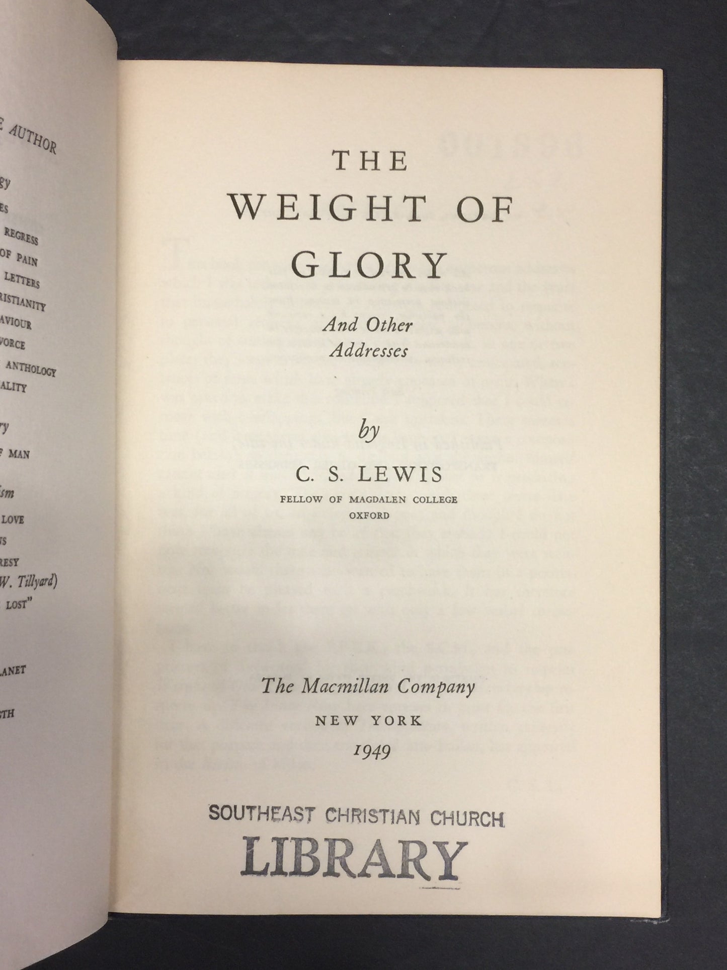 The Weight of Glory and Other Addresses - C.S. Lewis - 1st American Edition - Ex Library - 1949