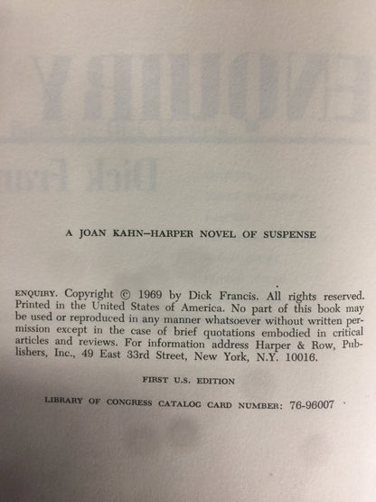 Enquiry - Dick Francis - 1st American Edition - 1969