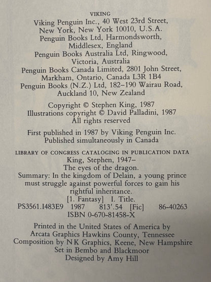 The Eyes of the Dragon - Stephen King - 1st Edition - 1987