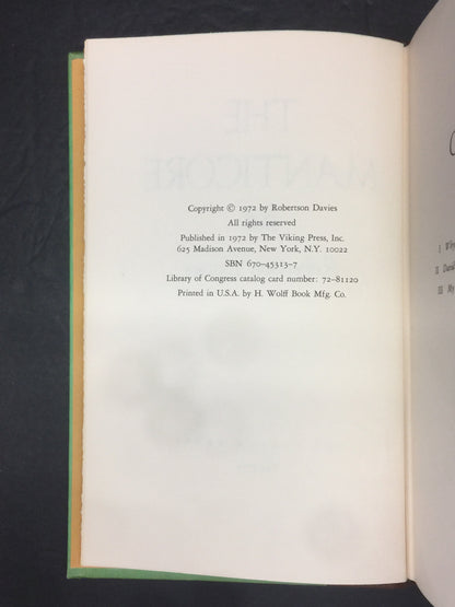 The Manticore - Robertson Davies - 1st Edition - 1972