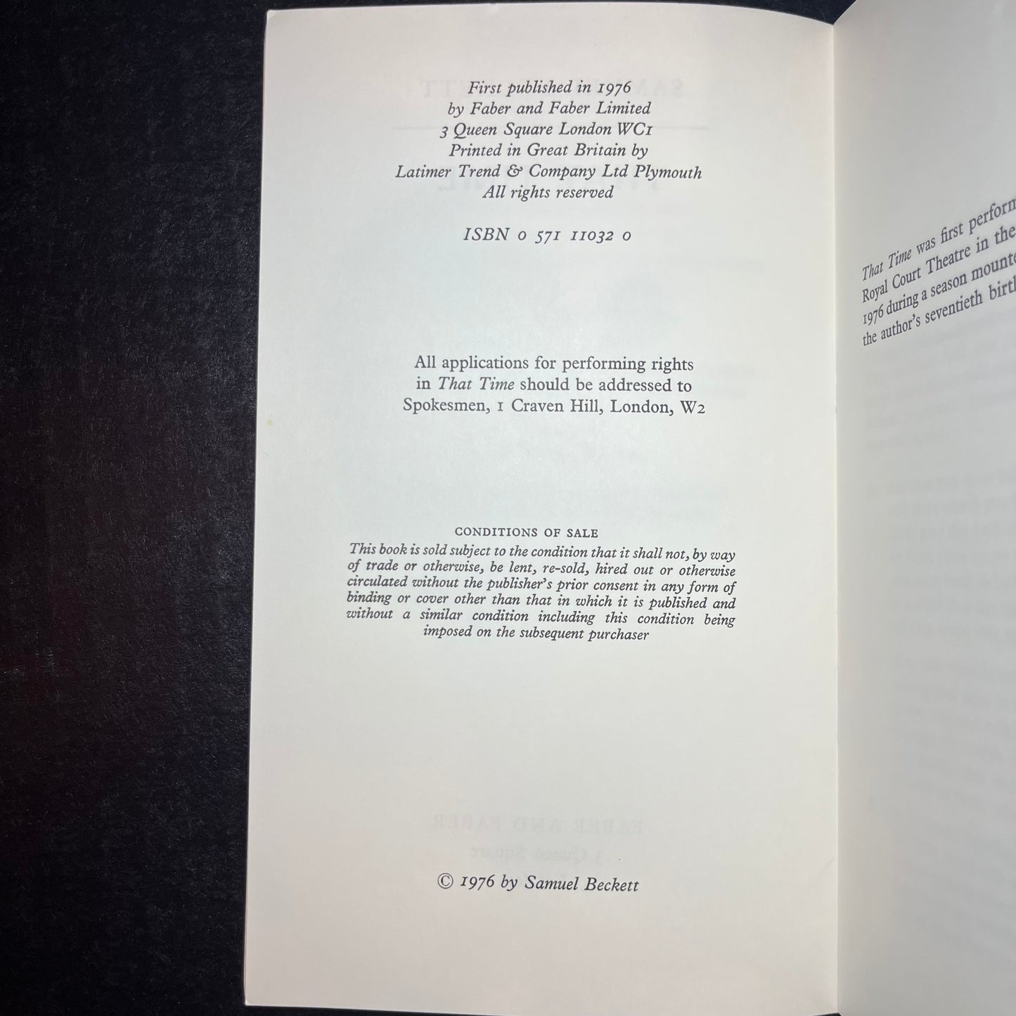 That Time - Samuel Beckett - Signed by Patrick Magee - 1976