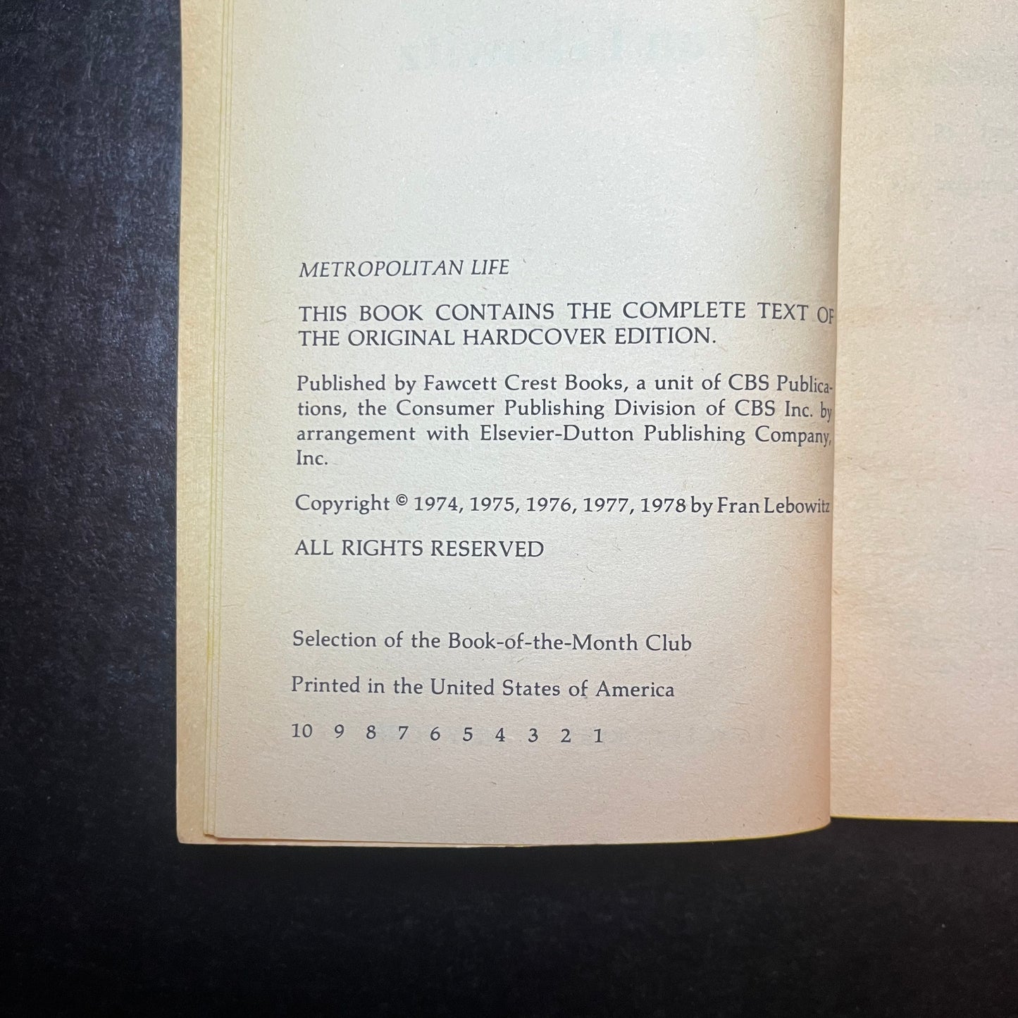 Metropolitan Life - Fran Lebowitz - 1st Thus Edition - 1978