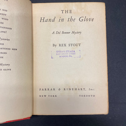 The Hand in the Glove - Rex Stout - 1st Edition - Ex-Library - 1937