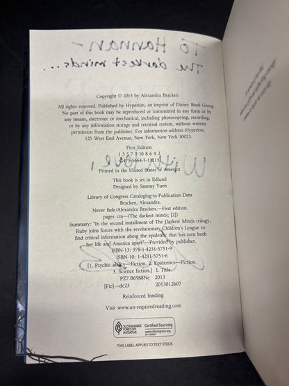 Never Fade - Alexandra Bracken - 1st Edition - Signed - 2013