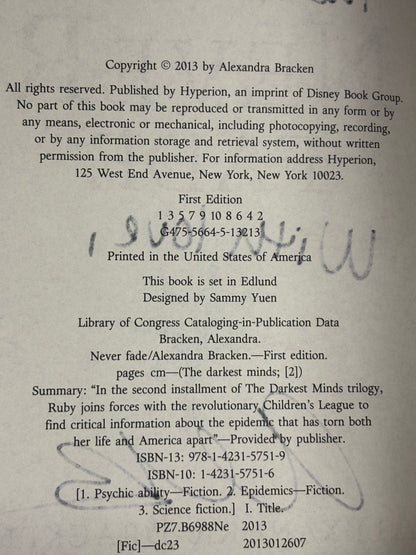 Never Fade - Alexandra Bracken - 1st Edition - Signed - 2013