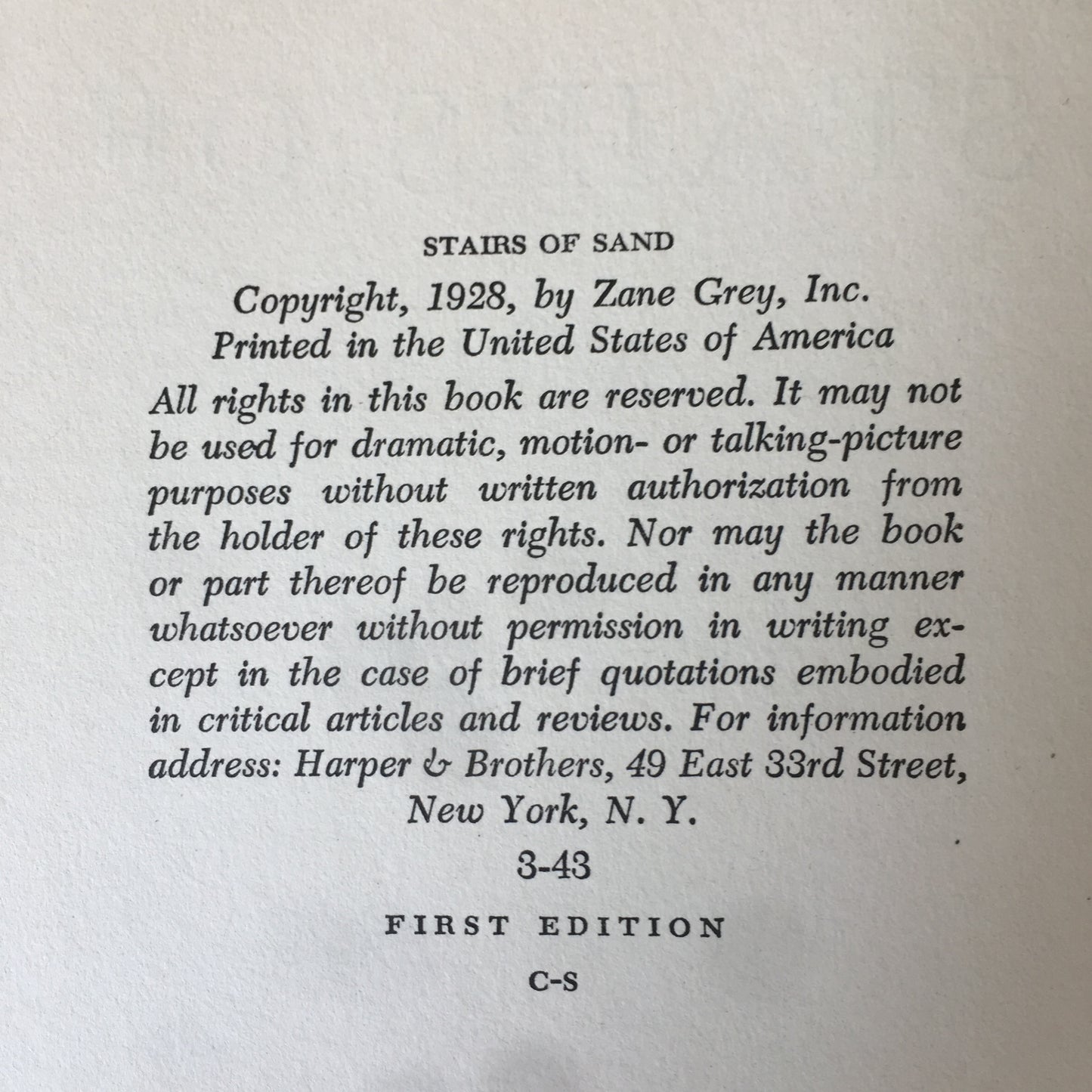 Stairs of Sand - Zane Grey - Stated First Edition - 1928