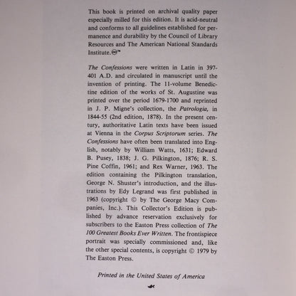 The Confessions of St. Augustine - St. Augustine - Easton Press - Spine Tilt - Bottom Edge Wear - 1979