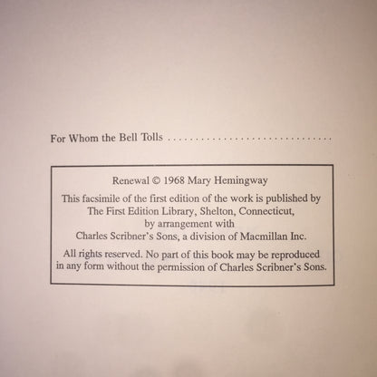 For Whom the Bell Tolls - Ernest Hemingway - Facsimile of 1st Edition - 1968