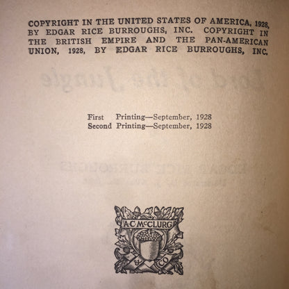 Tarzan: Lord of the Jungle - Edgar Rice Burroughs - 2nd Print - 1928