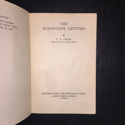 The Screwtape Letters - C.S. Lewis - 1st UK Edition - 10th Print - 1943