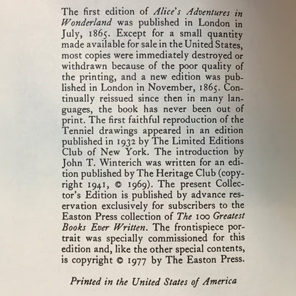 Alice's Adventures in Wonderland - Lewis Carrol - Easton Press - 1977