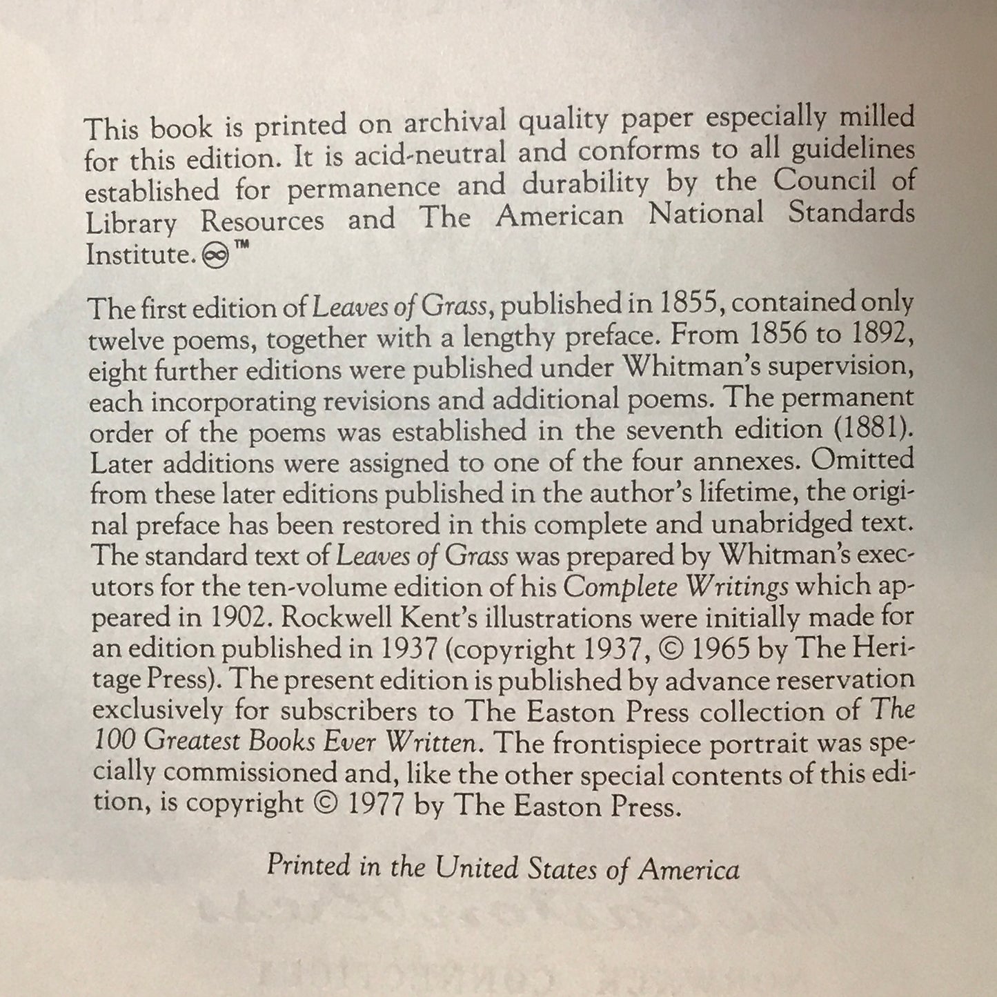 Leaves of Grass - Walt Whitman - Easton Press - 1977