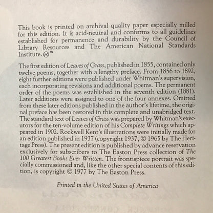 Leaves of Grass - Walt Whitman - Easton Press - 1977