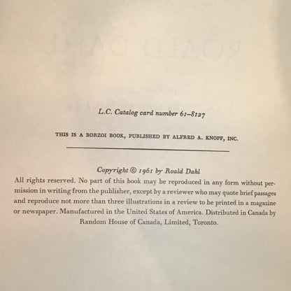 James and the Giant Peach - Roald Dahl - 1st Edition - Early Print - 4 Line Colophon - 1961