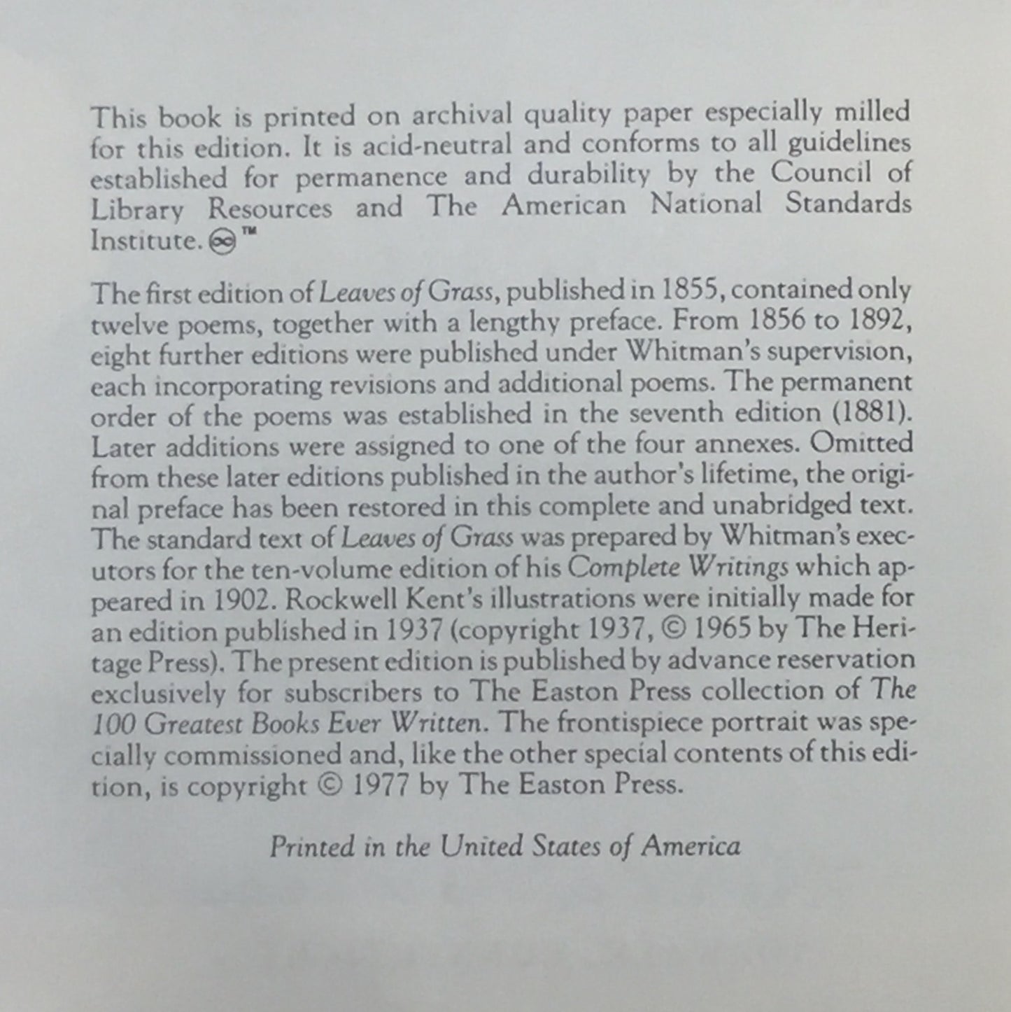 Leaves of Grass - Walt Whitman - Easton Press - 1977