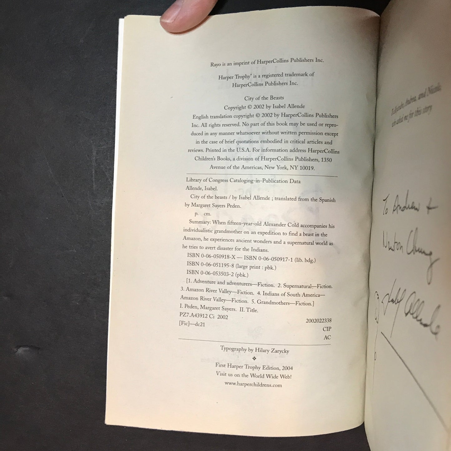 City of the Beasts - Isabel Allende - Signed & Inscribed - 2002