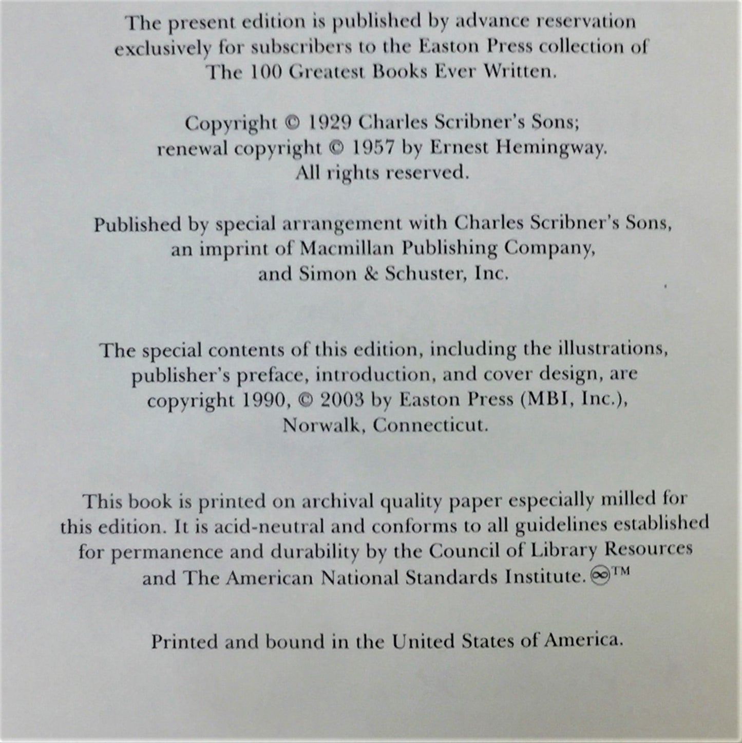 A Farewell to Arms - Ernest Hemingway - Easton Press - 2003