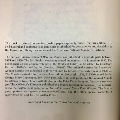 War and Peace - Leo Tolstoy - Easton Press - 1981