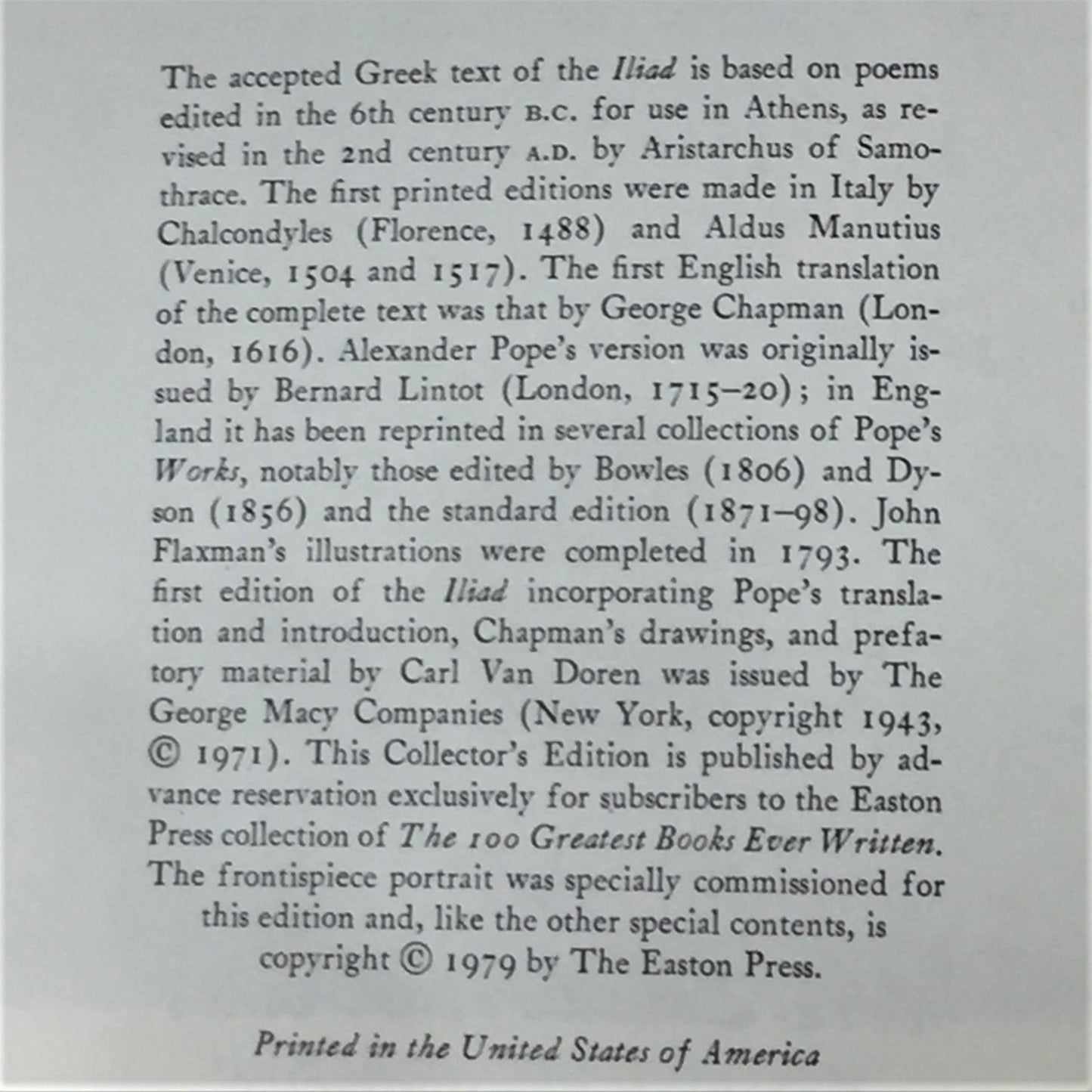 The Iliad - Homer - Translation by Alexander Pope - Easton Press - 1979