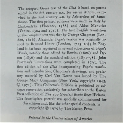 The Iliad - Homer - Translation by Alexander Pope - Easton Press - 1979