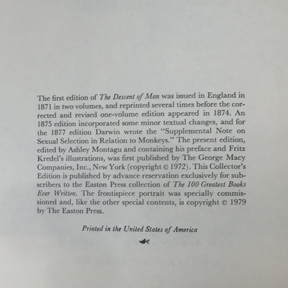 The Descent of Man - Charles Darwin - Easton Press - 1979