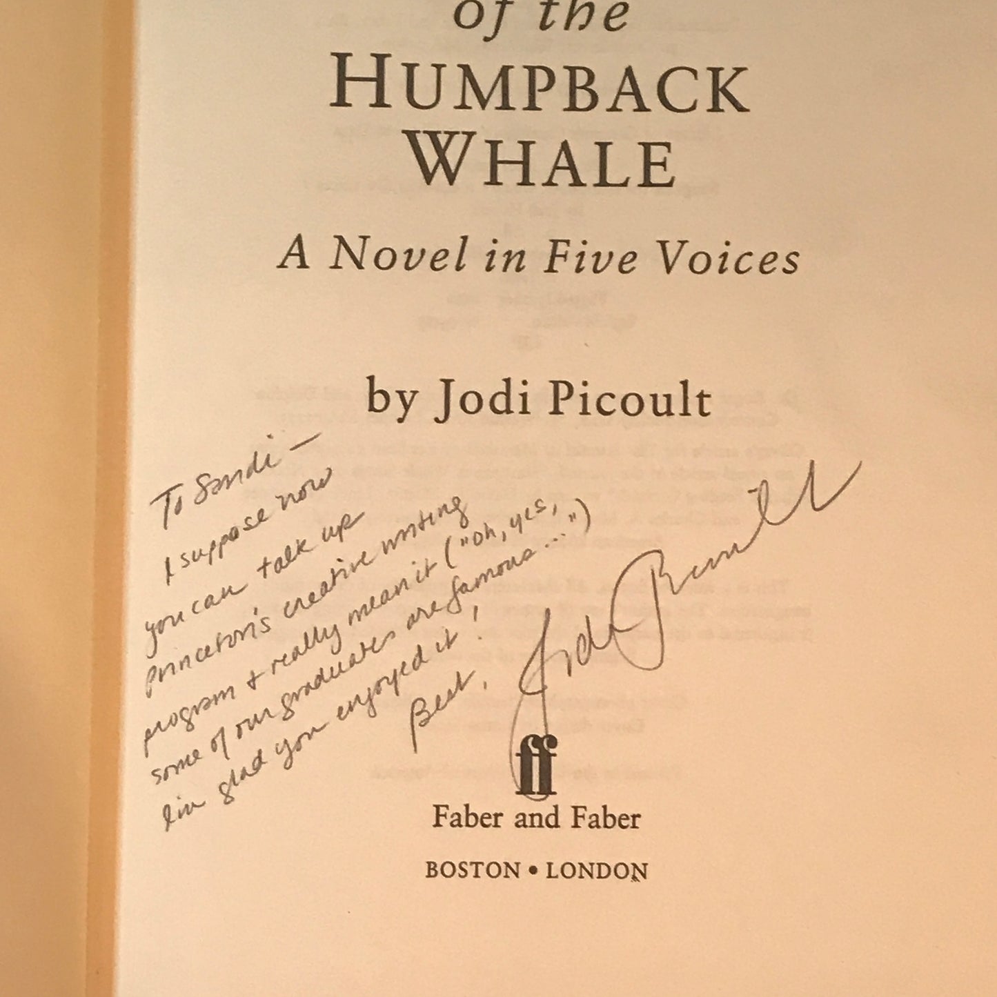 Songs of the Humpback Whale - Jodi Picoult - Signed - 1992