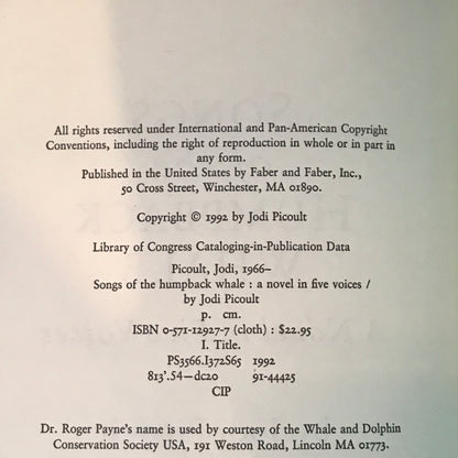 Songs of the Humpback Whale - Jodi Picoult - Signed - 1992