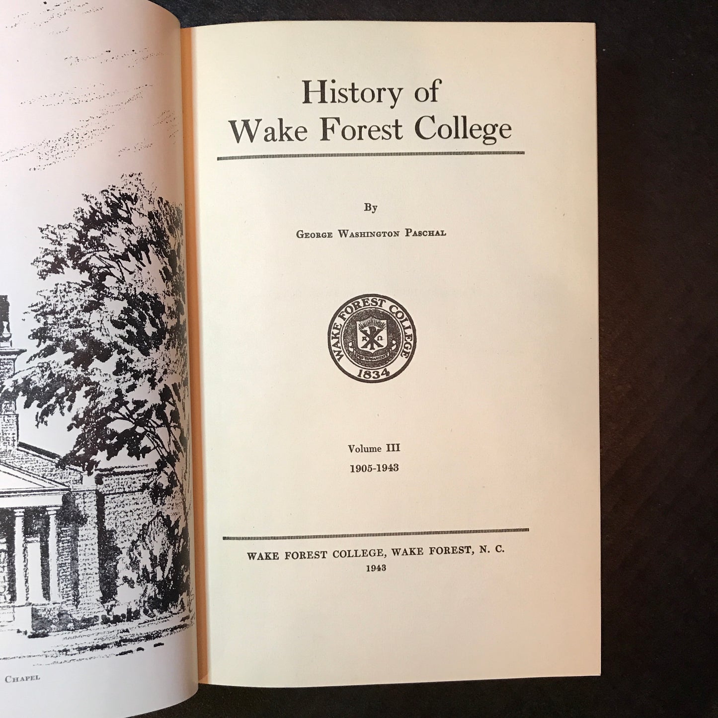 History of Wake Forest College - George Washington Paschal - Three Volume Set - 1935-1943