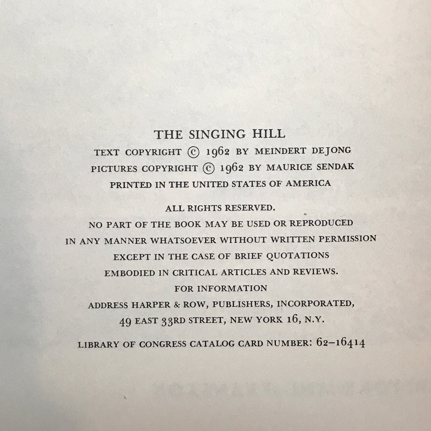 The Singing Hill - Meindert DeJong - First Edition - Pictures by Maurice Sendak - 1962