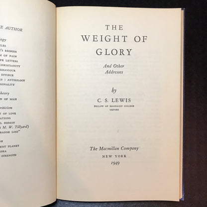 The Weight of Glory and Other Addresses - C. S. Lewis - 1st American Edition - 1949