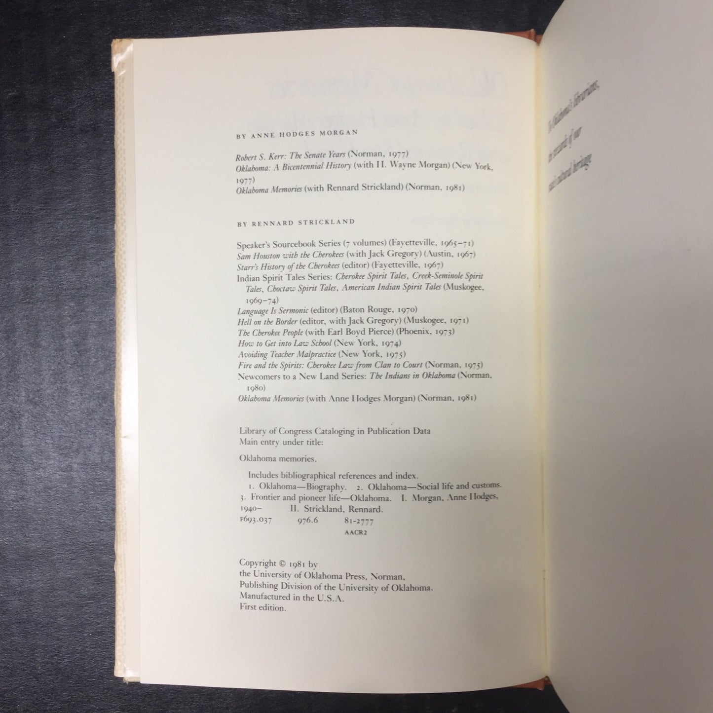 Oklahoma Memories - Anne Hodges Morgan - First Edition - Signed Twice - 1981