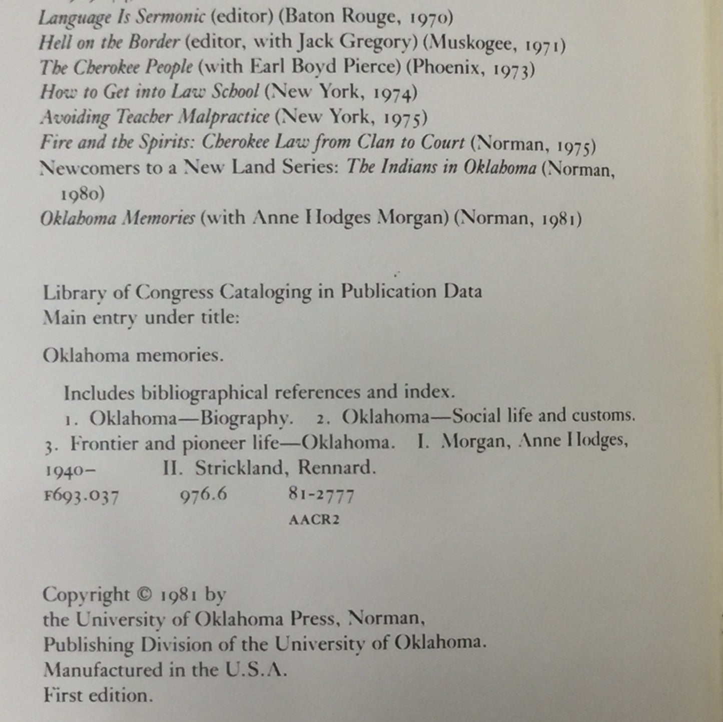 Oklahoma Memories - Anne Hodges Morgan - First Edition - Signed Twice - 1981