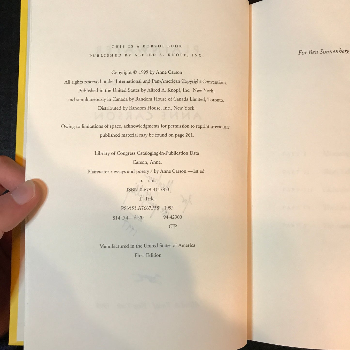 Plainwater - Anne Carson - Signed - 1st Edition - 1995