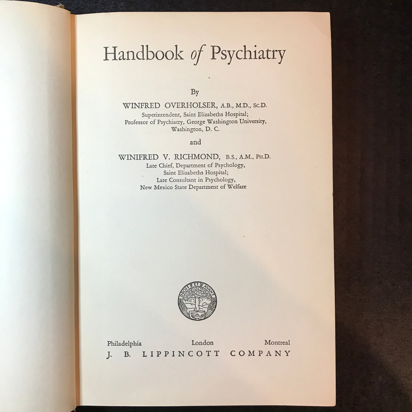Handbook of Psychiatry - Winfred Overholser and Winifred V. Richmond - Signed by Overholser - 1947