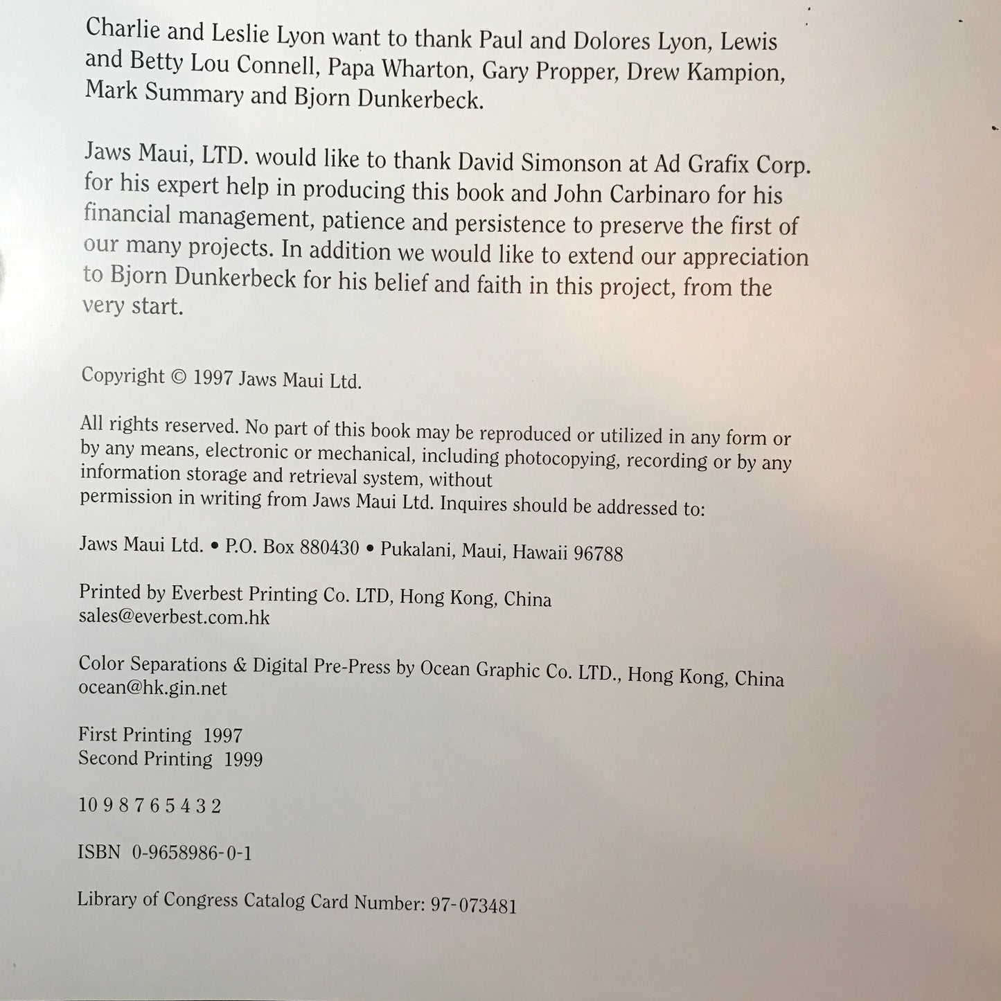 Jaws: Maui - Patrick Mcfeeley - Charlie and Leslie Lyon - Signed by Mcfeeley - 1999