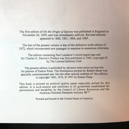 On the Origin of Species - Charles Darwin - Easton Press - 1991