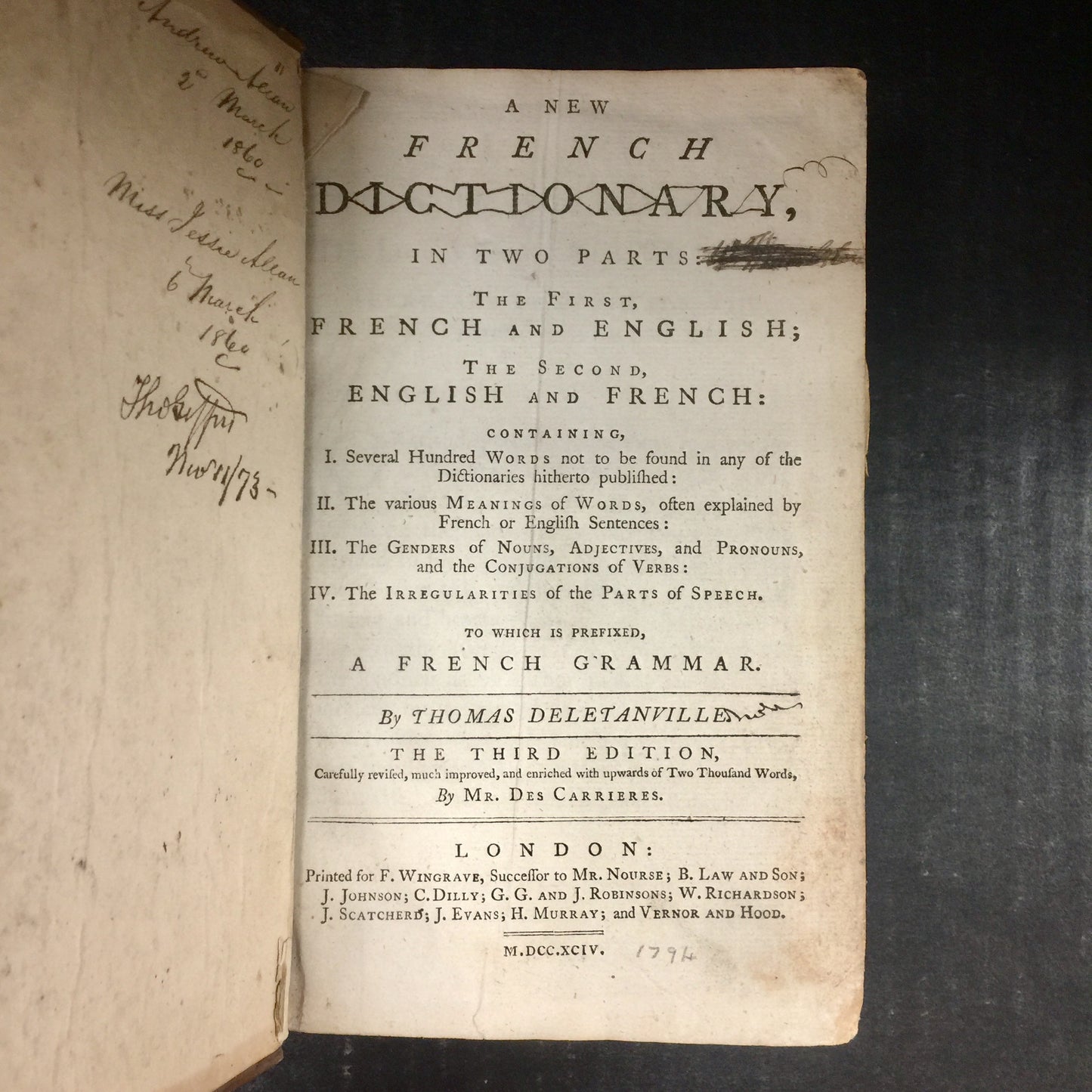 A New French Dictionary - Thomas Deletanville - Third Edition - 1794