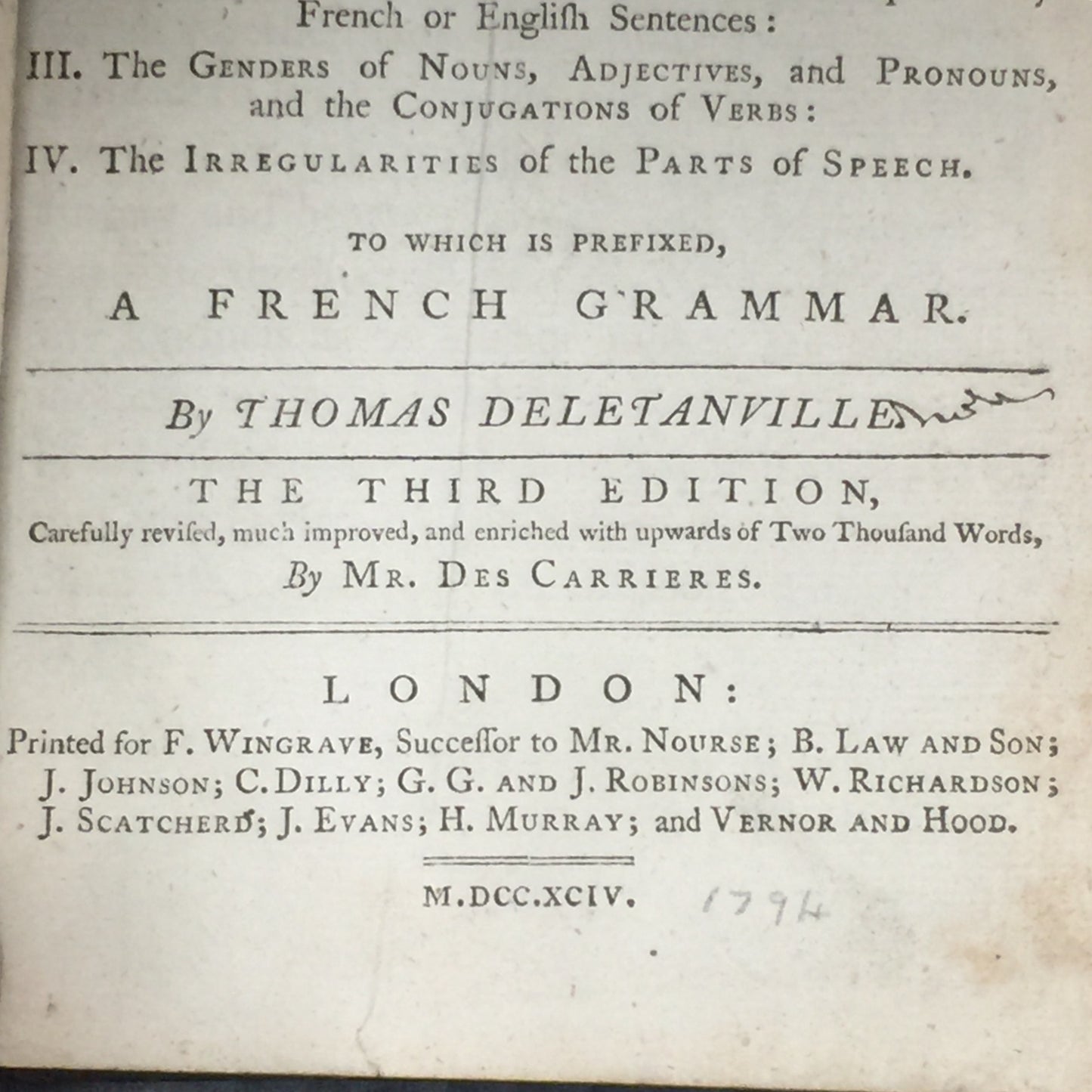 A New French Dictionary - Thomas Deletanville - Third Edition - 1794