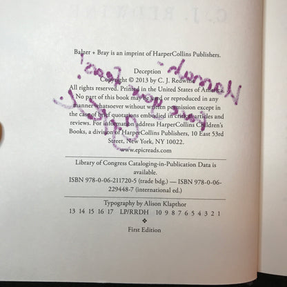 Deception - C. J. Redwine - Signed - 1st Edition - 2013