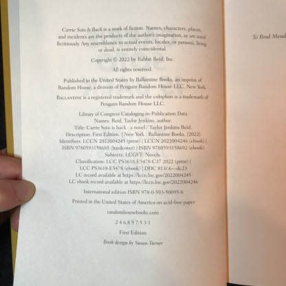 Carrie Soto Is Back - Taylor Jenkins Reid - Signed - 1st Edition - 2022