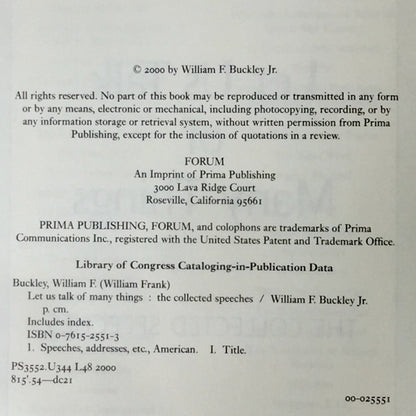 Let Us Talk Of Many Things - William F. Buckley Jr. - Signed - 2000