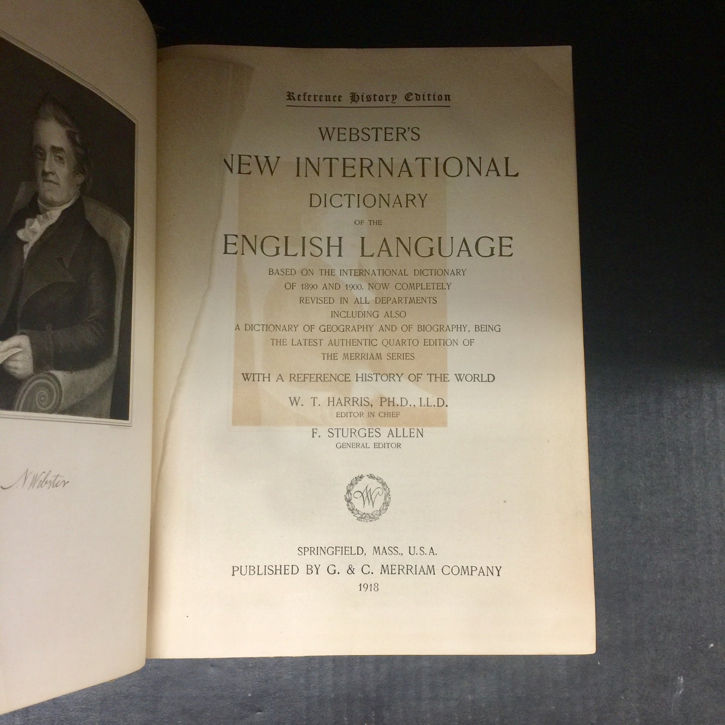 Webster's New International Dictionary - G. & C. Merriam Company - Table of Contents Page Ripped- 1918