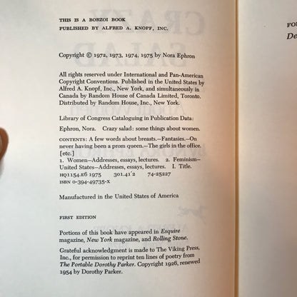 Crazy Salad: Some Things About Women - Nora Ephron - 1st Edition - 1975
