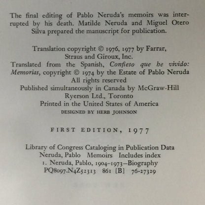 Memoirs - Pablo Neruda - First Edition - 1977