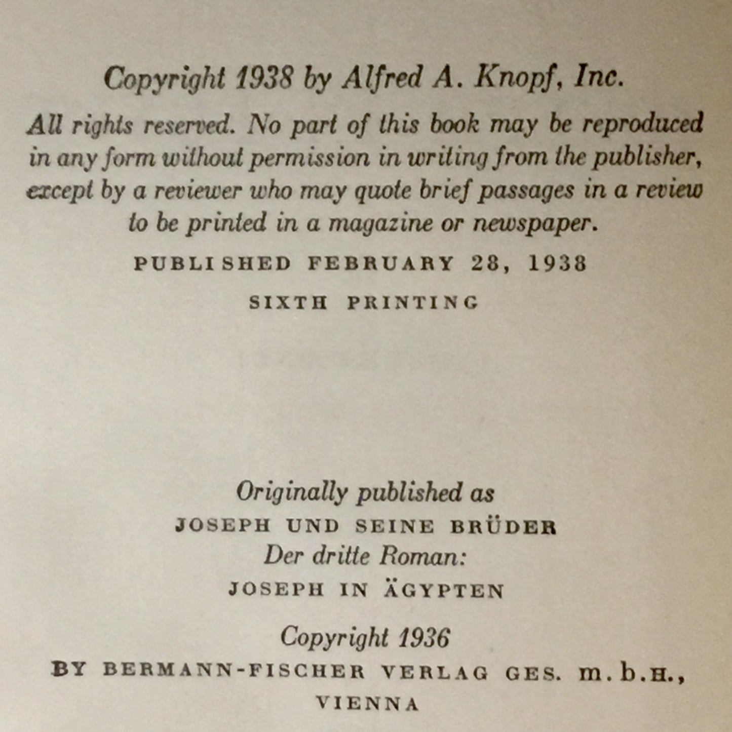 Joseph in Egypt - Thomas Mann - Two Volume Set - Sixth Printing - 1938