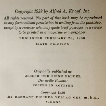 Joseph in Egypt - Thomas Mann - Two Volume Set - Sixth Printing - 1938